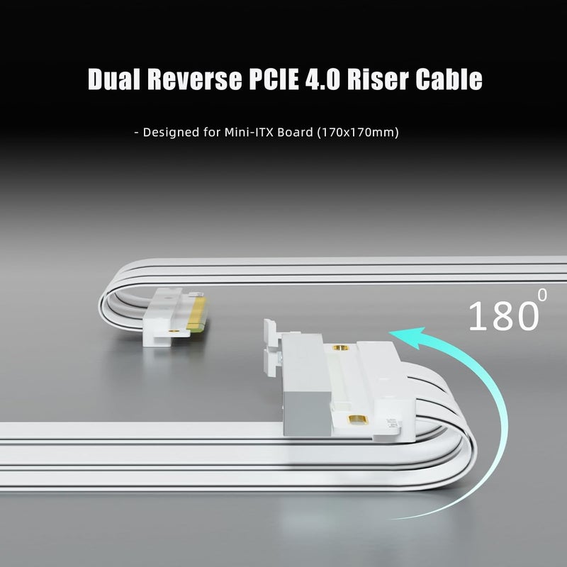 GLOTRENDS كابل رافع مزدوج عكسي PCIE 4.0 للوحة الأم Mini-ITX (170x170mm) ، متوافق مع سلسلة RTX 40/30 وسلسلة Radeon RX7000/RX6000 ، لون أبيض - Image 3